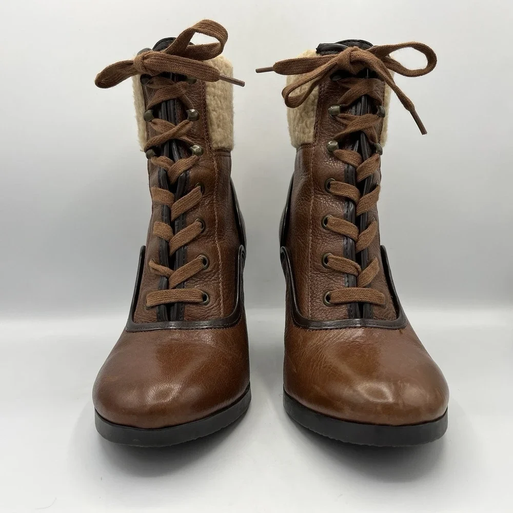 Franco Sarto Ankle Boot‎ Wedge Leather Sherpa Womens 7.5 Brown Lace Up Waverly